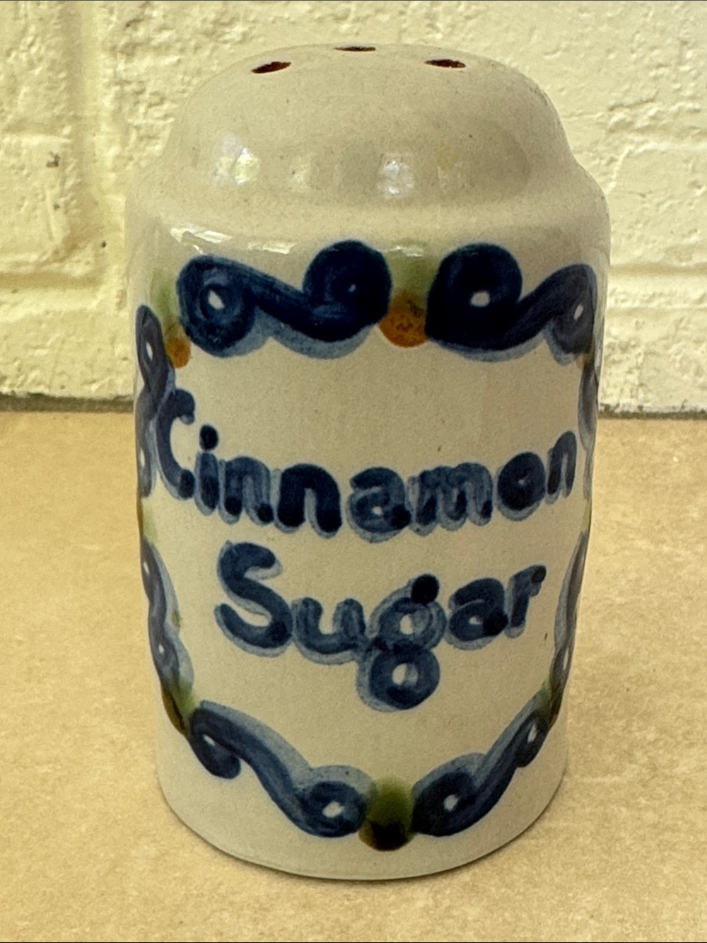 MA Hadley  Pottery Cinnamon Sugar Shaker 4.25” with cork stopper Blue & Cream